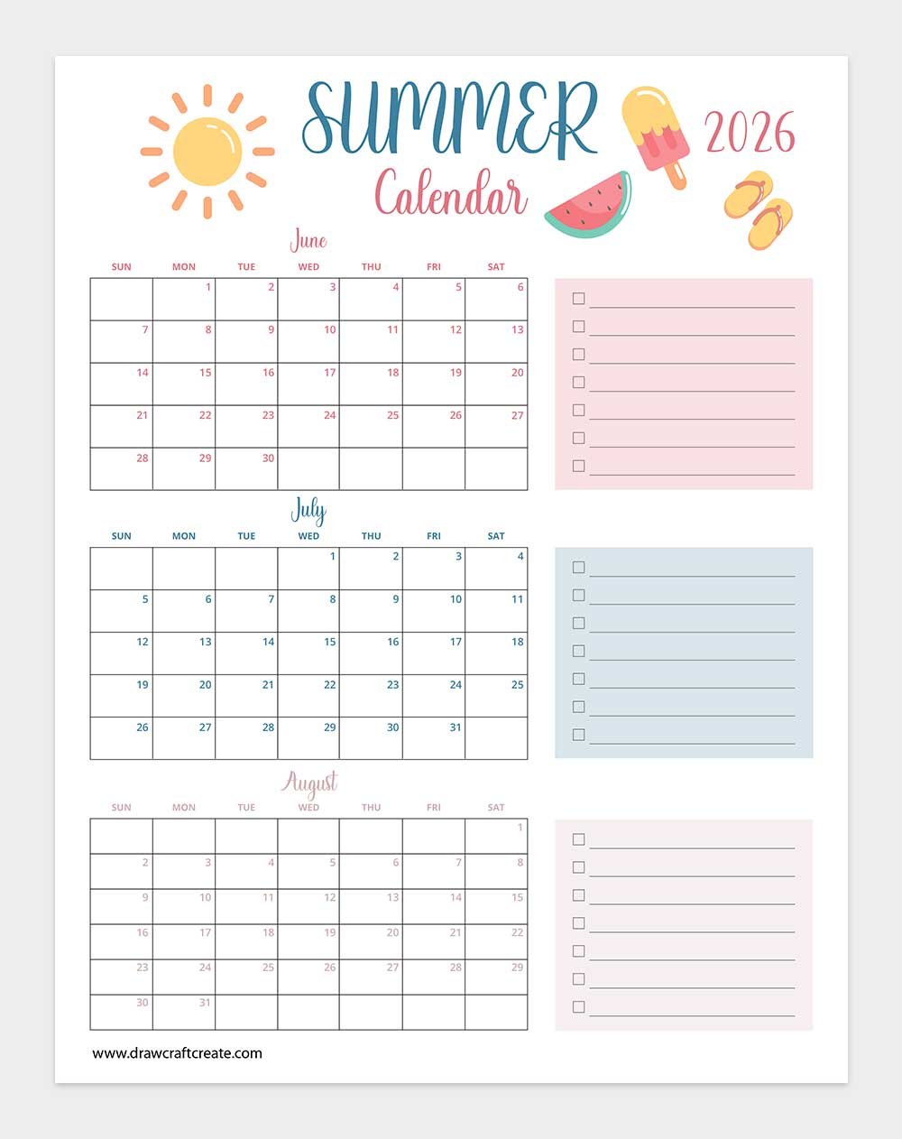 printable 2026 summer calendar
