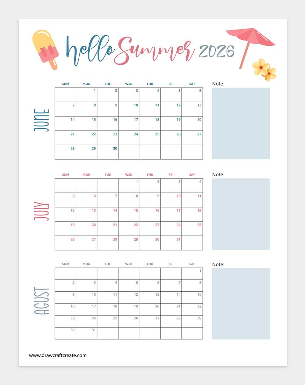 printable 2026 summer calendar
