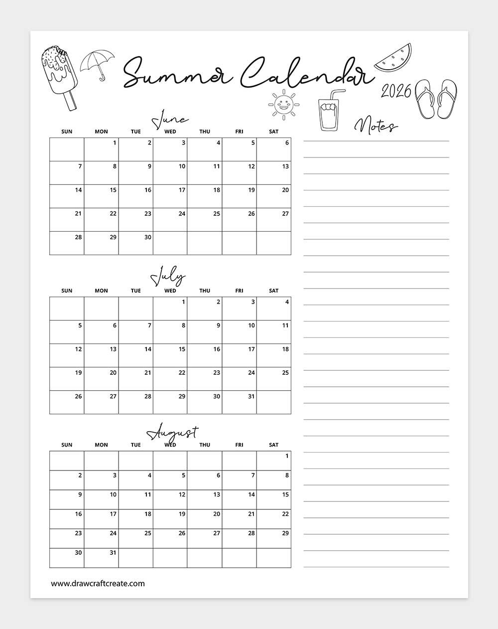 printable 2026 summer calendar