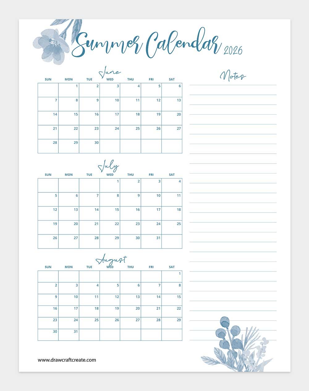 printable 2026 summer calendar