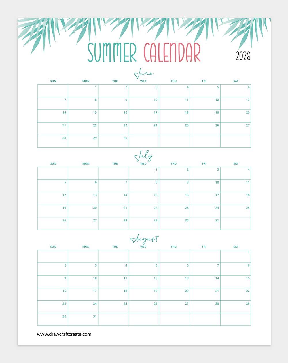 printable 2026 summer calendar