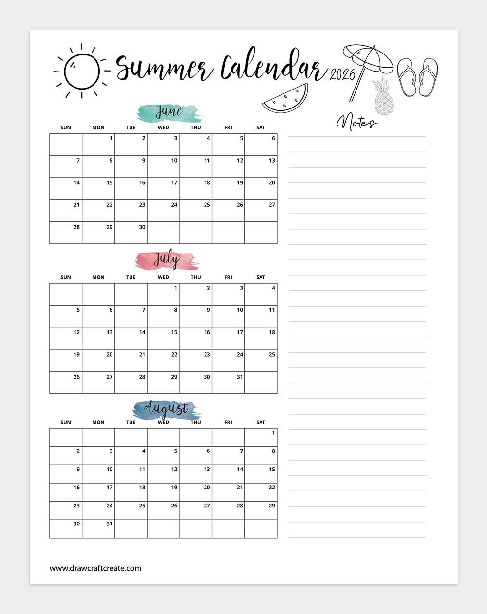 printable 2026 summer calendar