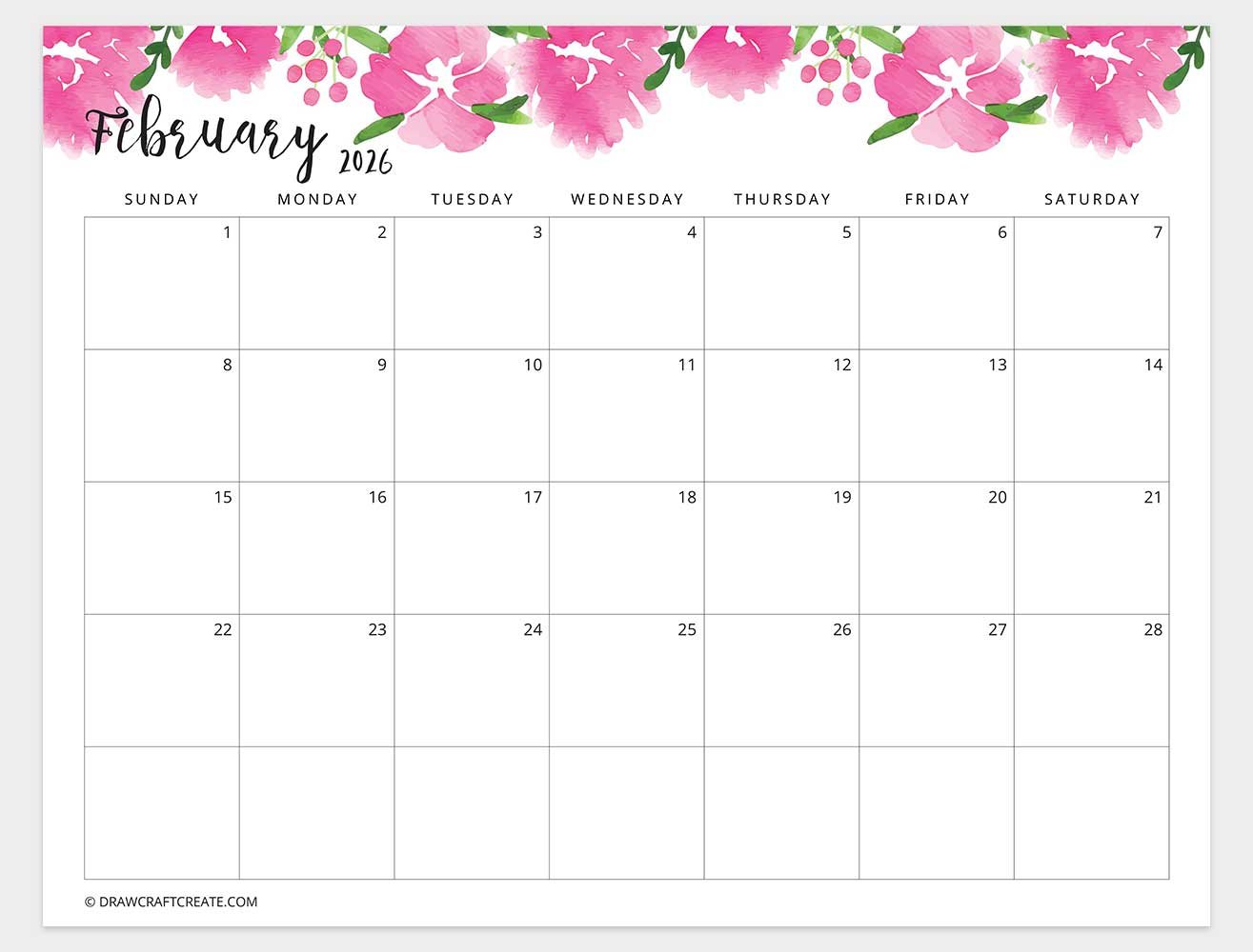 printable february 2026 calendar horizontal