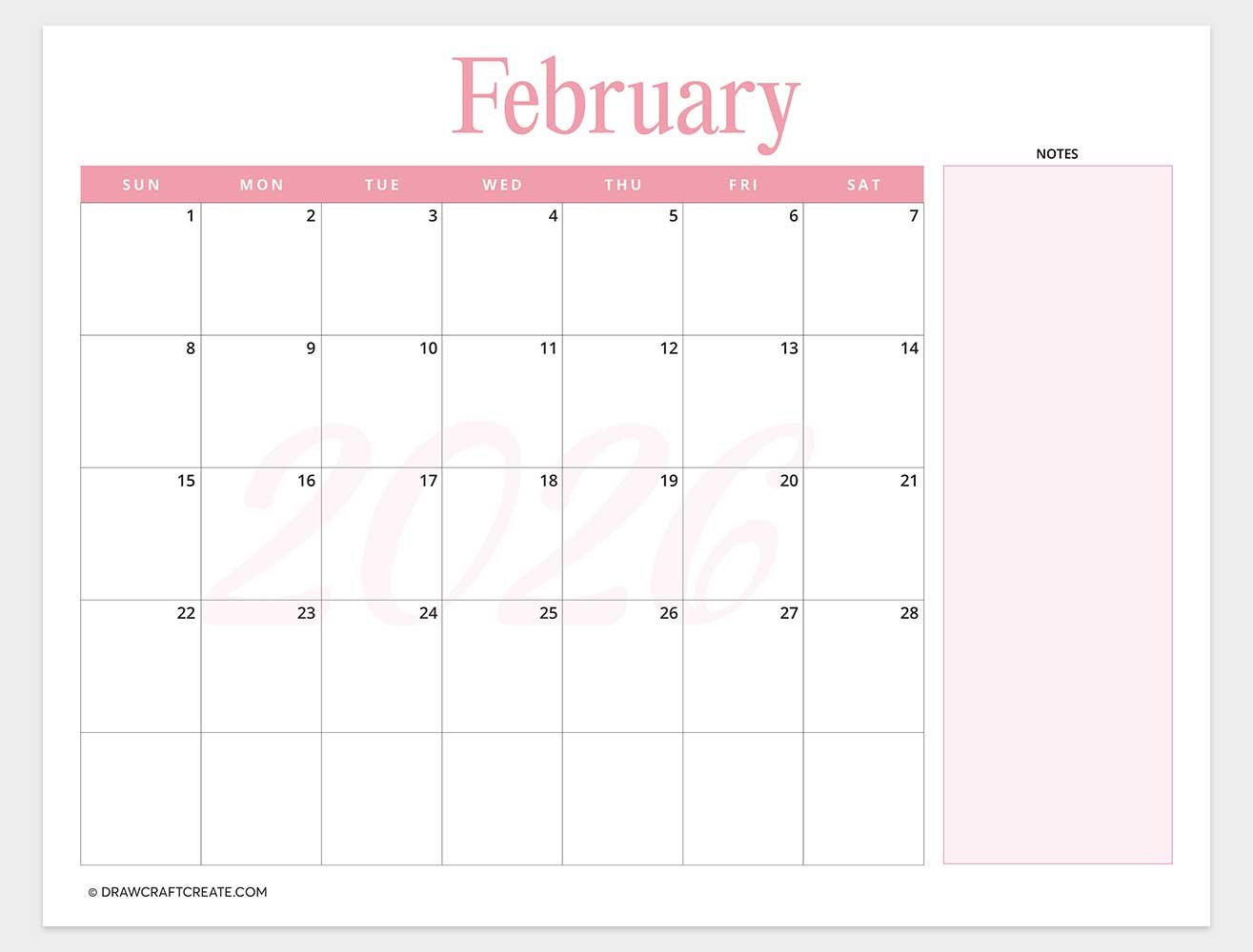 printable february 2026 calendar horizontal