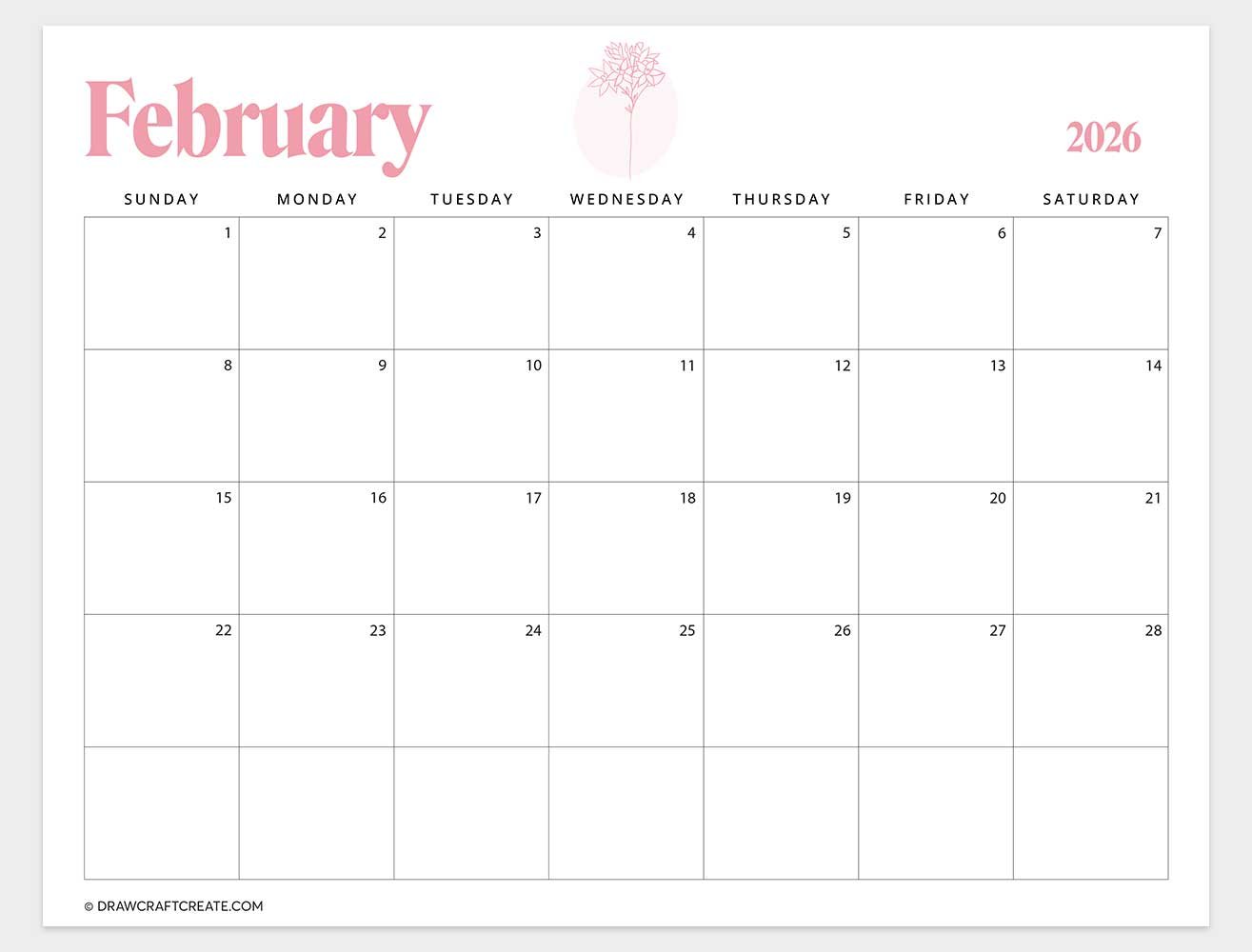 printable february 2026 calendar horizontal