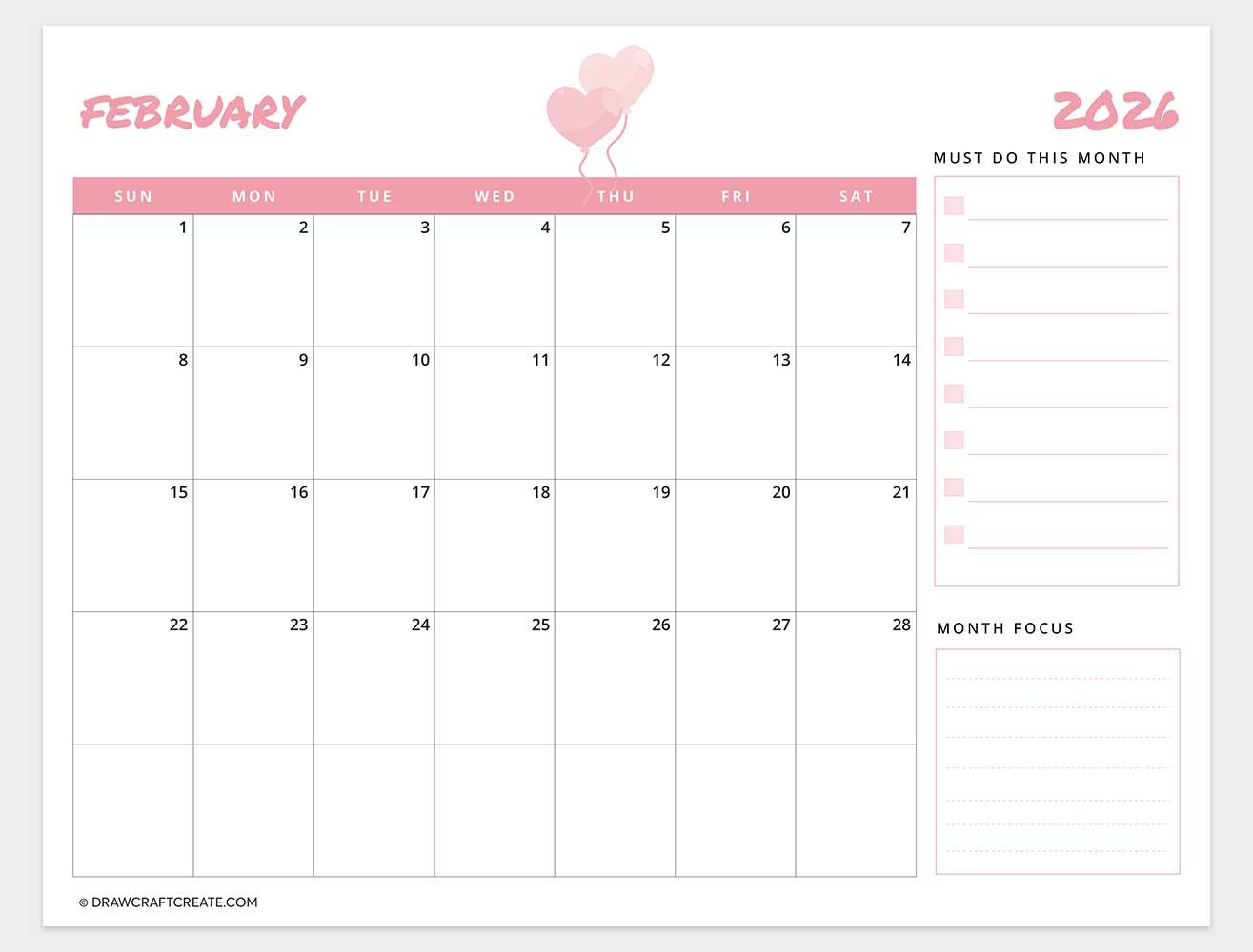 printable february 2026 calendar horizontal