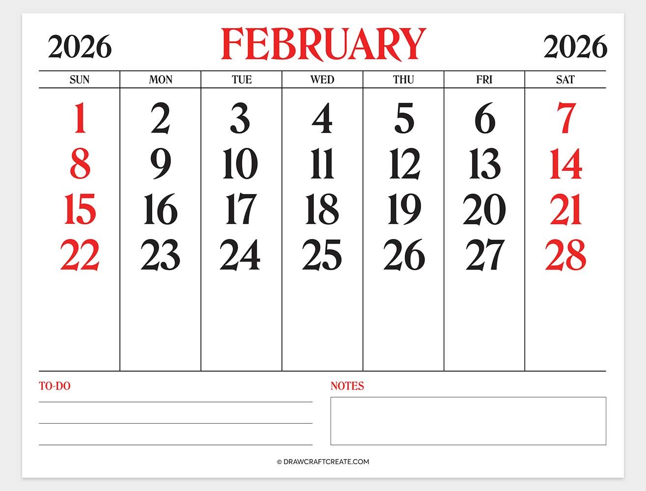 printable february 2026 calendar horizontal