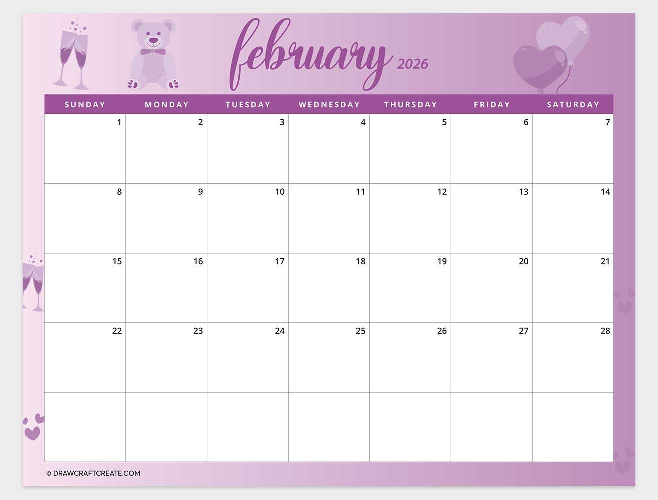 printable february 2026 calendar horizontal