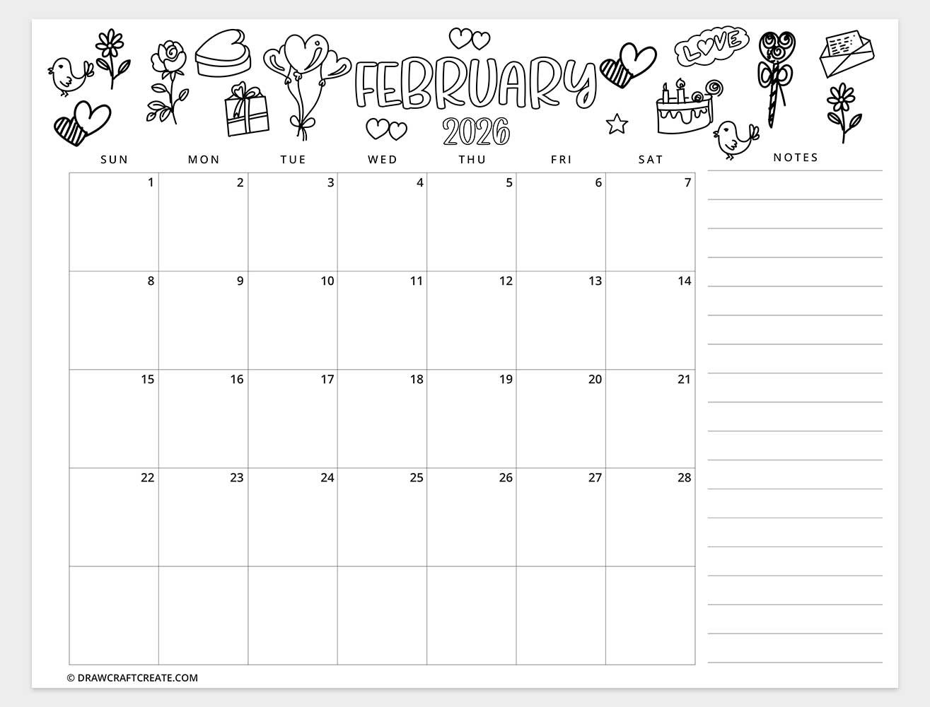 printable february 2026 calendar horizontal