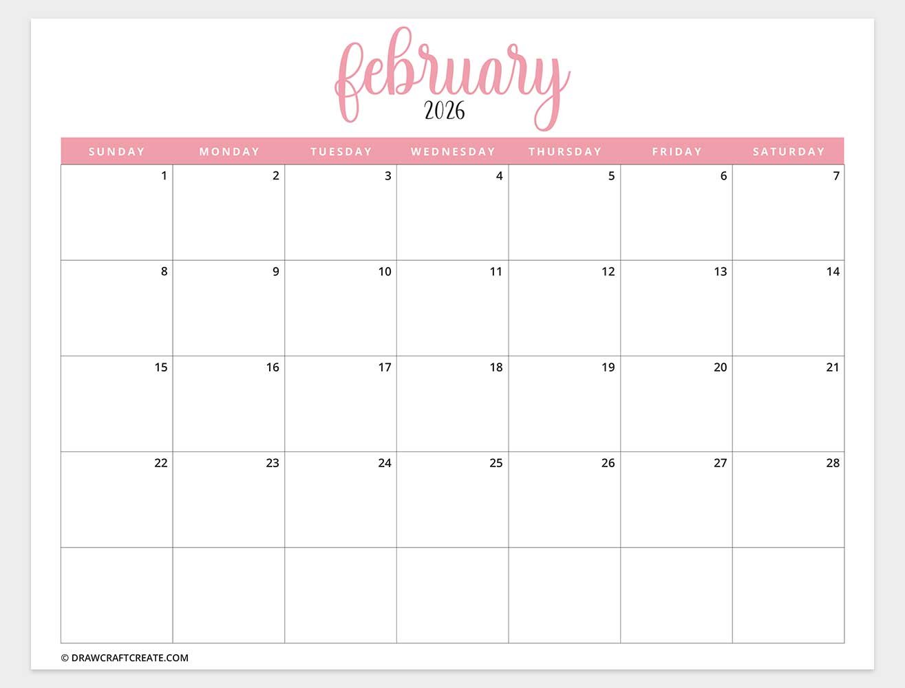 printable february 2026 calendar horizontal