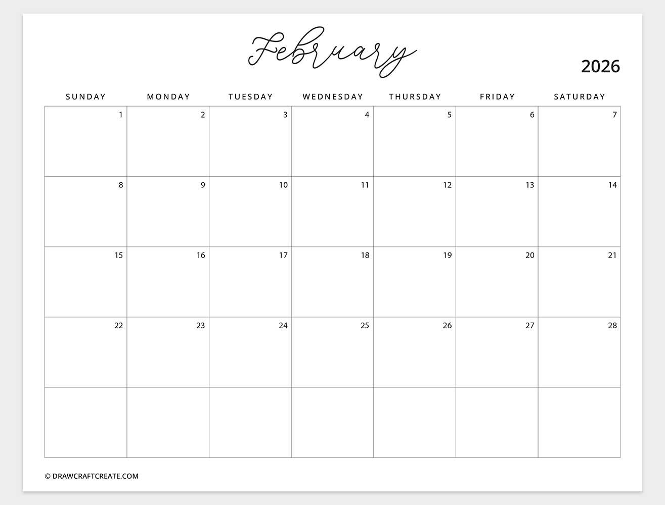 printable february 2026 calendar horizontal