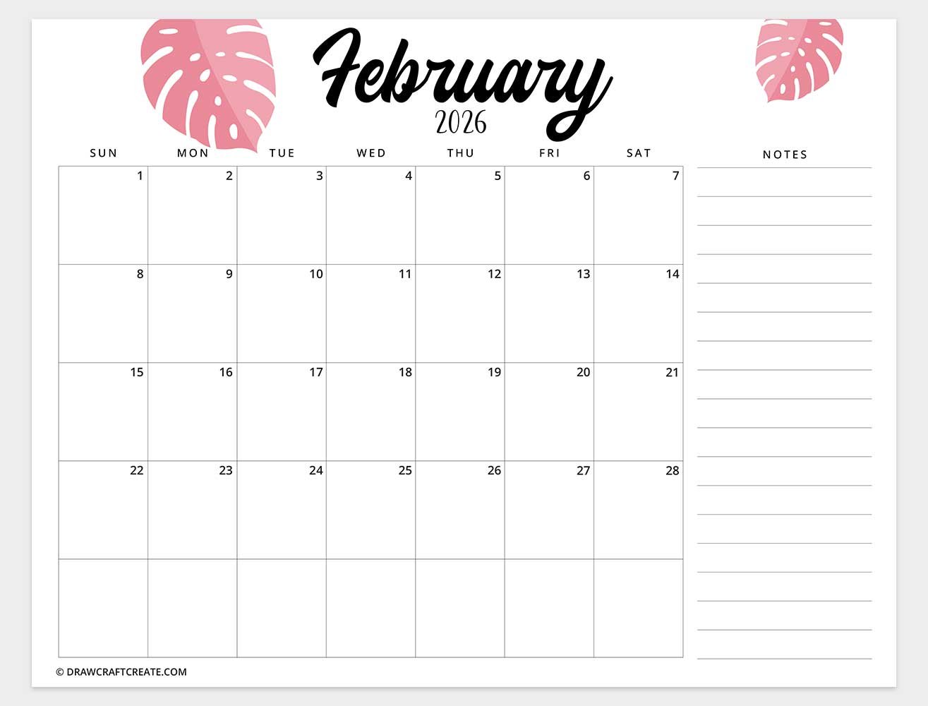 printable february 2026 calendar horizontal