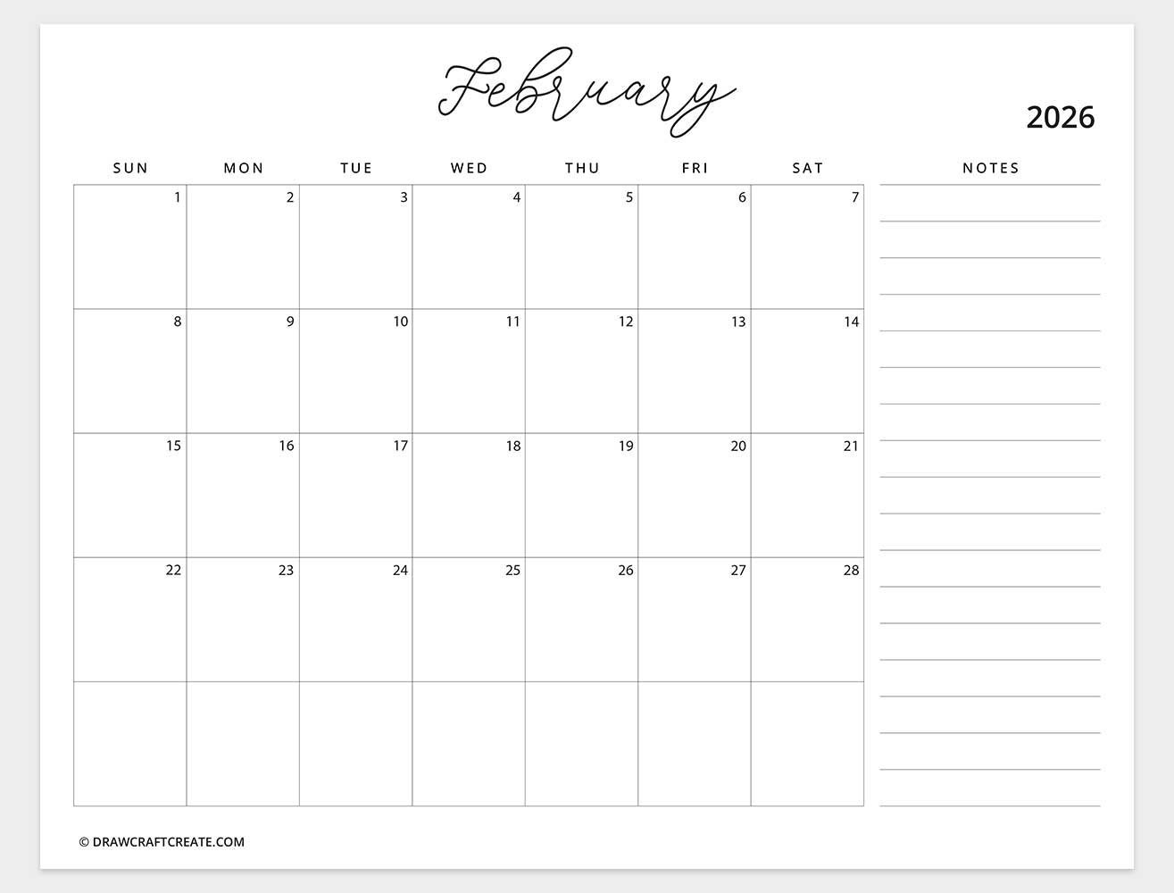printable february 2026 calendar horizontal