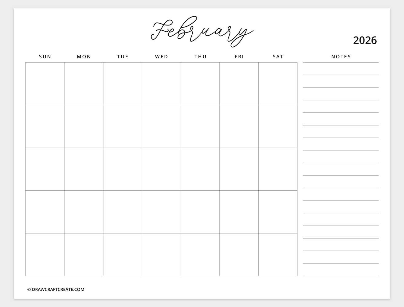 printable february 2026 calendar horizontal