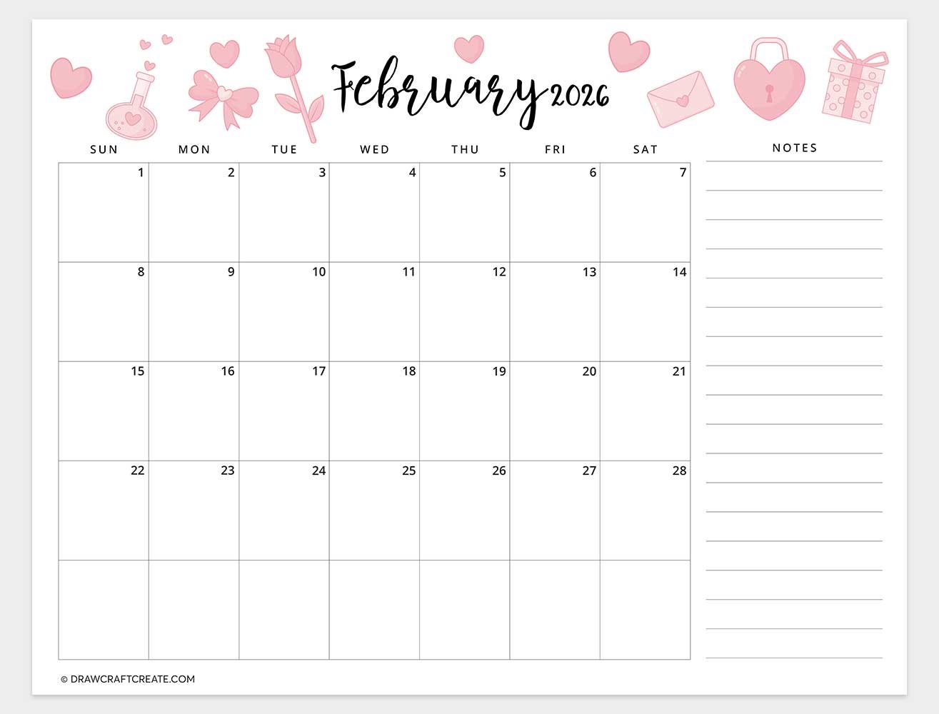 printable february 2026 calendar horizontal