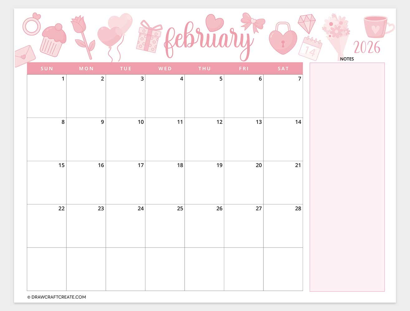 printable february 2026 calendar horizontal