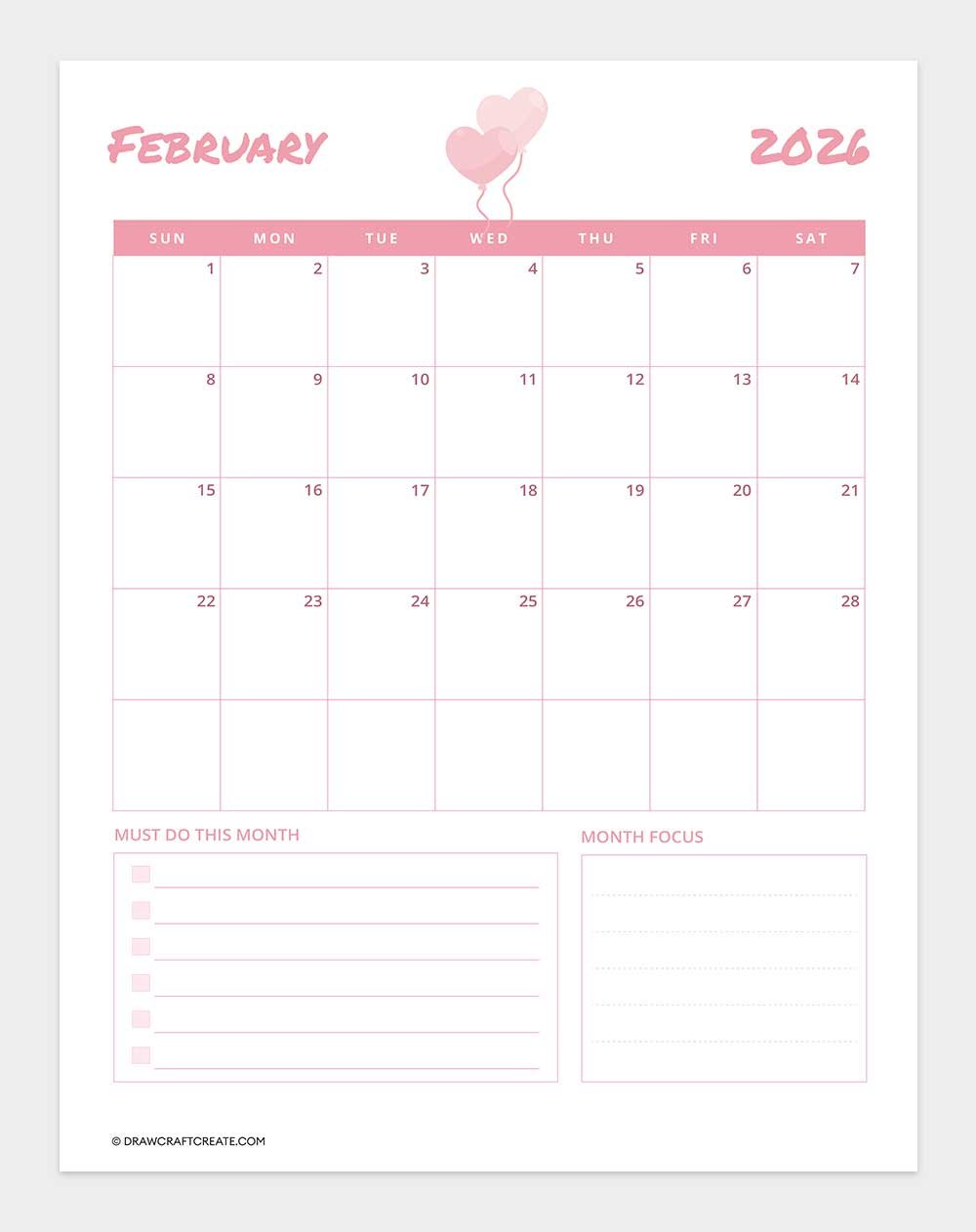 printable february 2026 calendar vertical