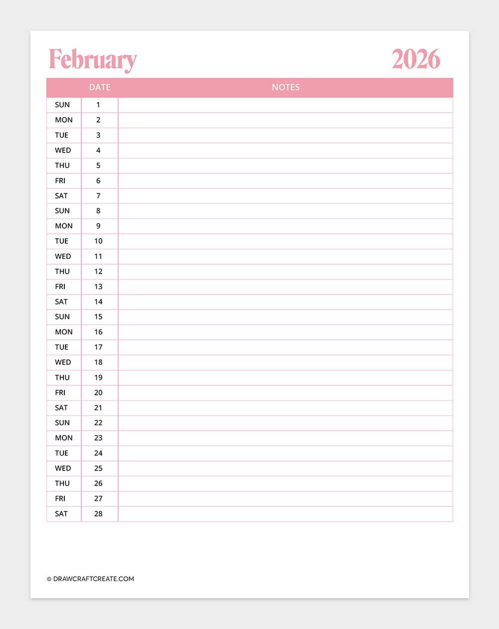 printable february 2026 calendar vertical