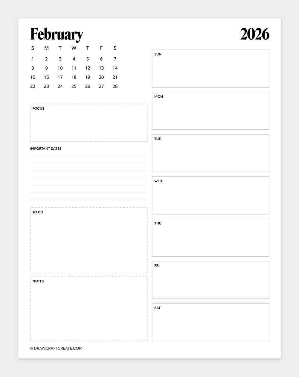 printable february 2026 calendar vertical