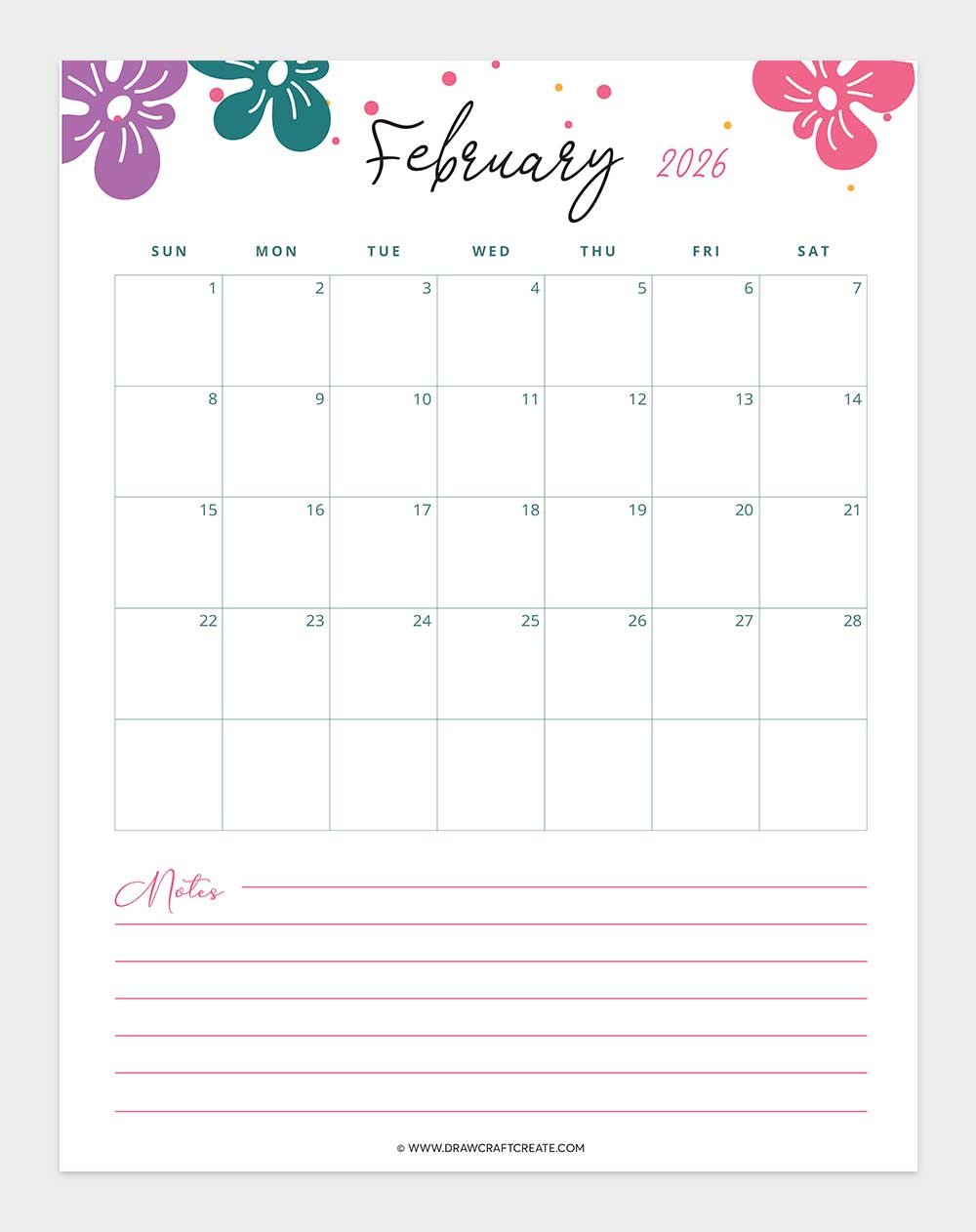 printable february 2026 calendar vertical