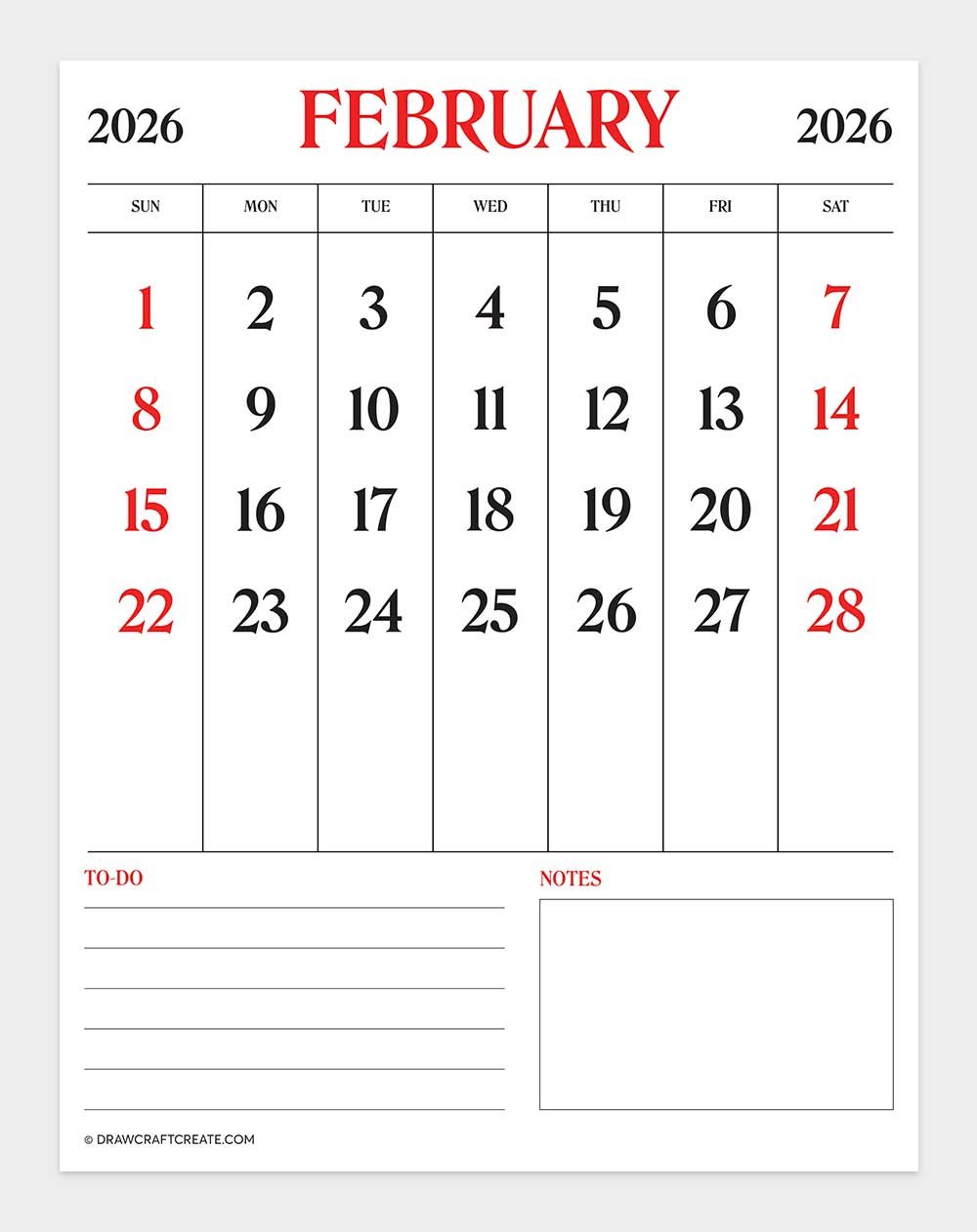 printable february 2026 calendar vertical