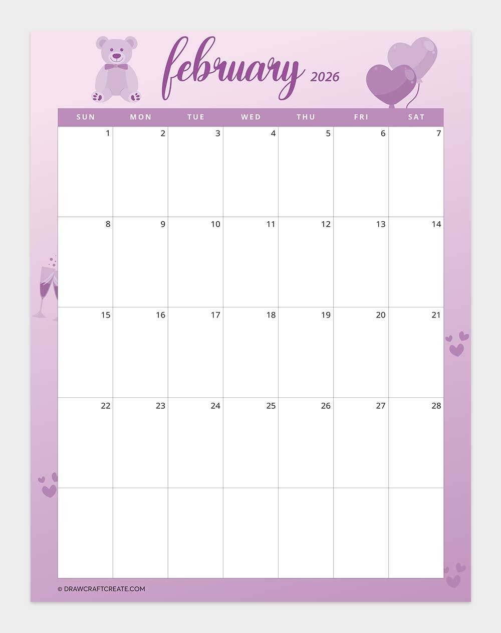 printable february 2026 calendar vertical