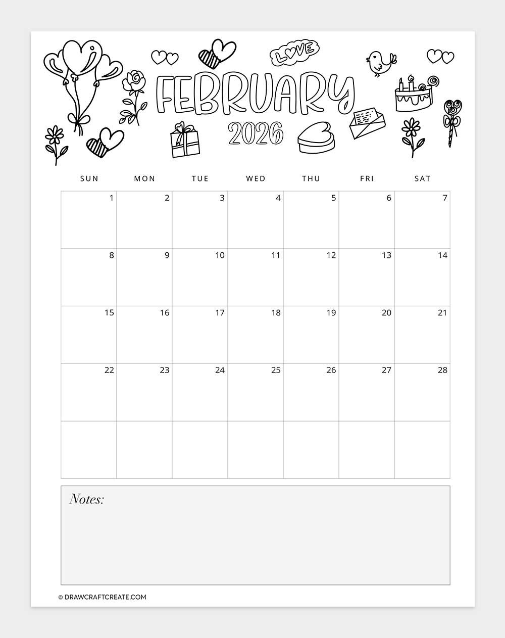 printable february 2026 calendar vertical