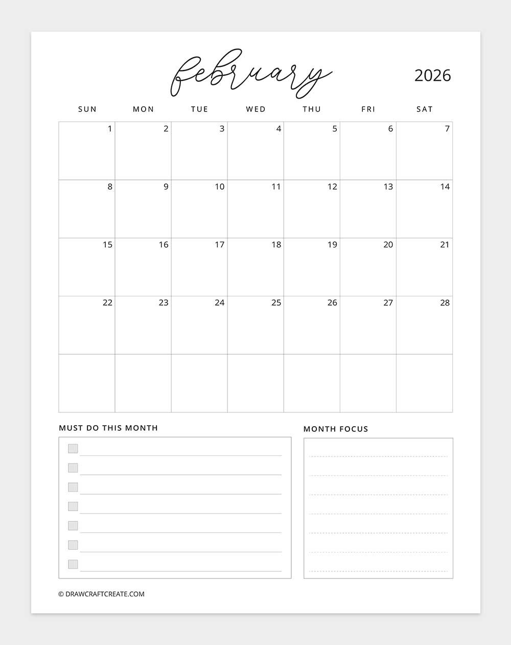 printable february 2026 calendar vertical