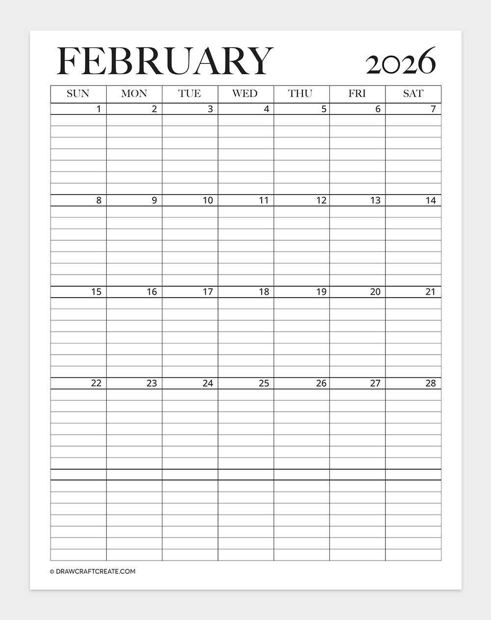 printable february 2026 calendar vertical