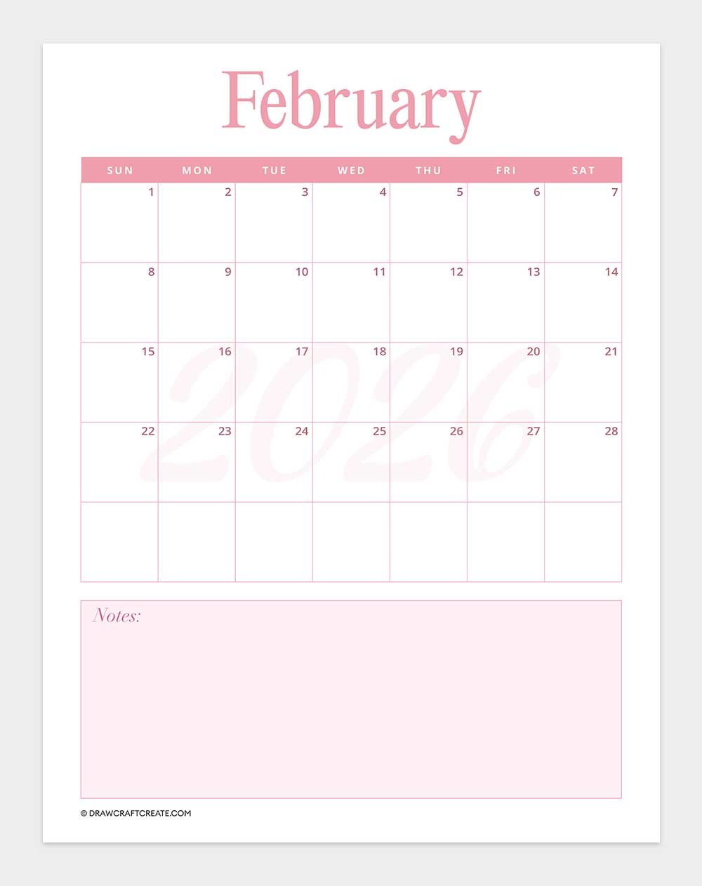 printable february 2026 calendar vertical