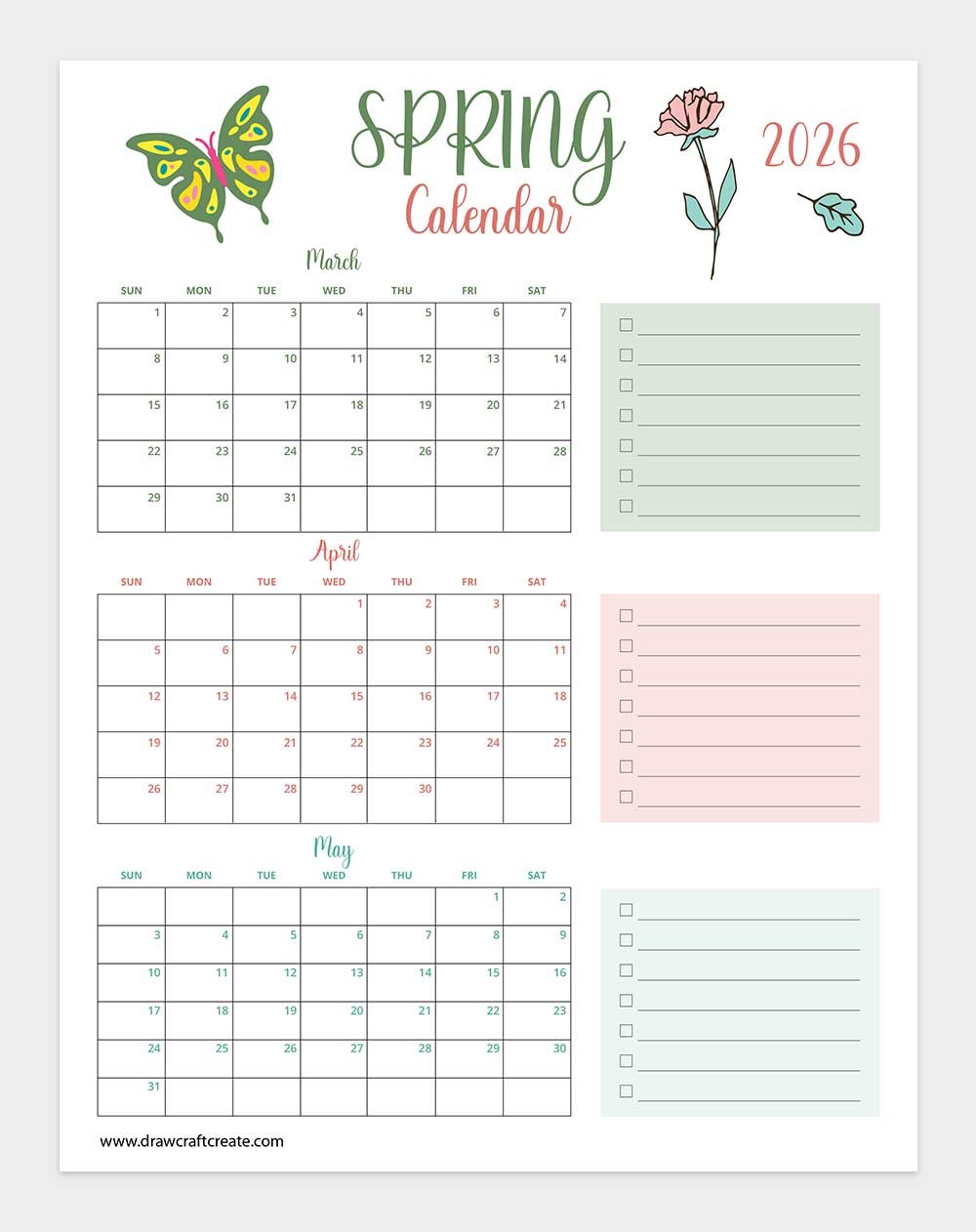 printable spring 2026 calendar