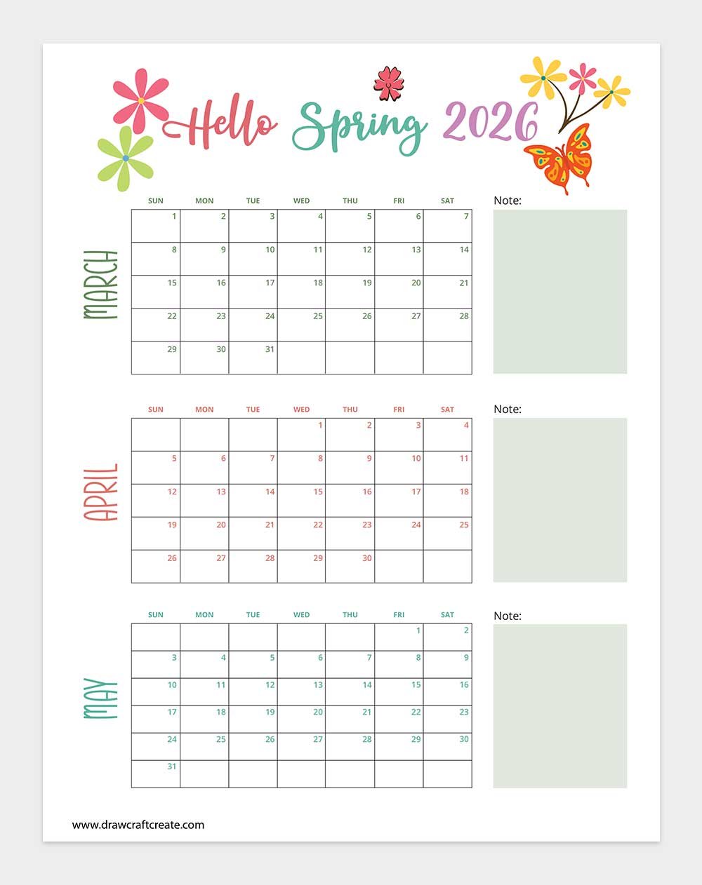 printable spring 2026 calendar