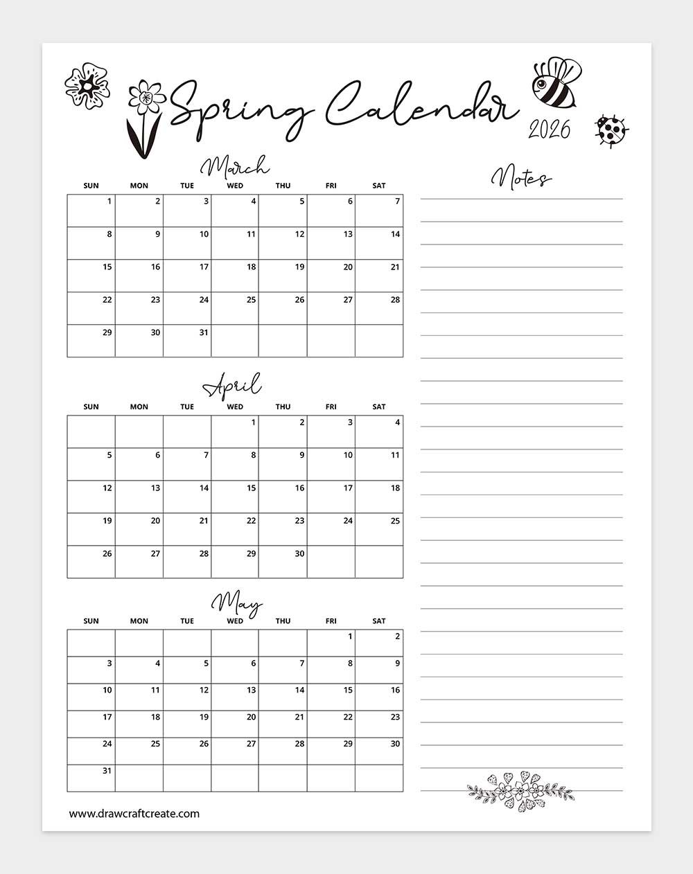 printable spring 2026 calendar