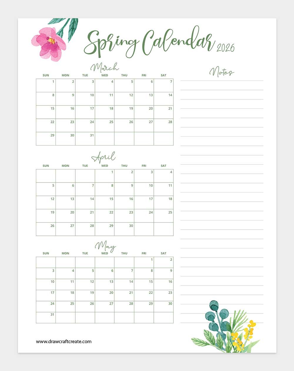 printable spring 2026 calendar