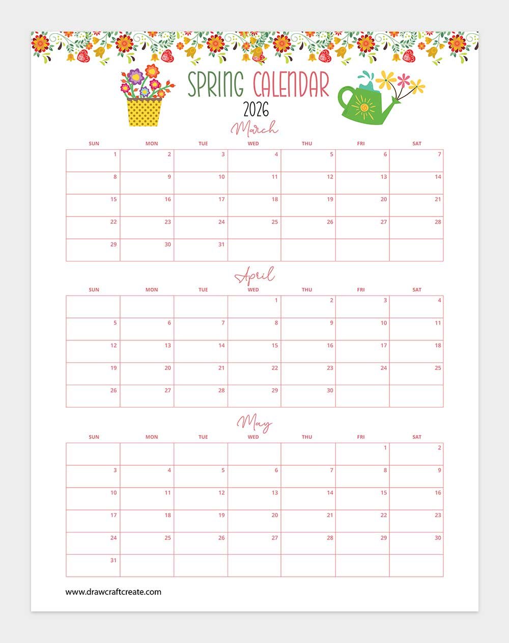 printable spring 2026 calendar