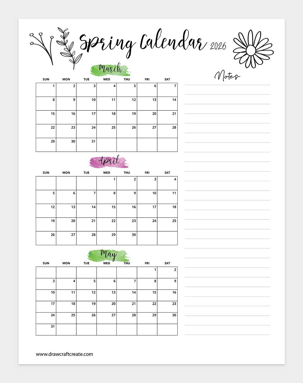 printable spring 2026 calendar