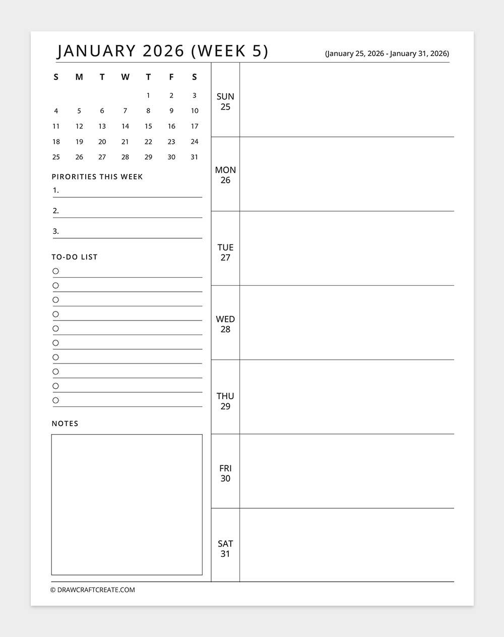 january 2026 week 5 planner