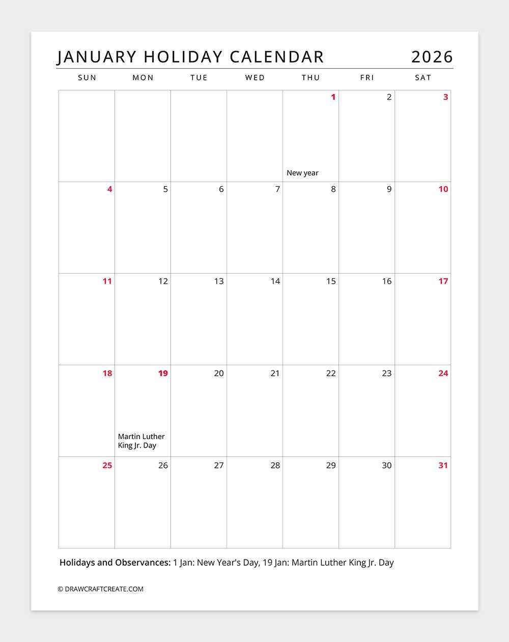 january 2026 holiday calendar