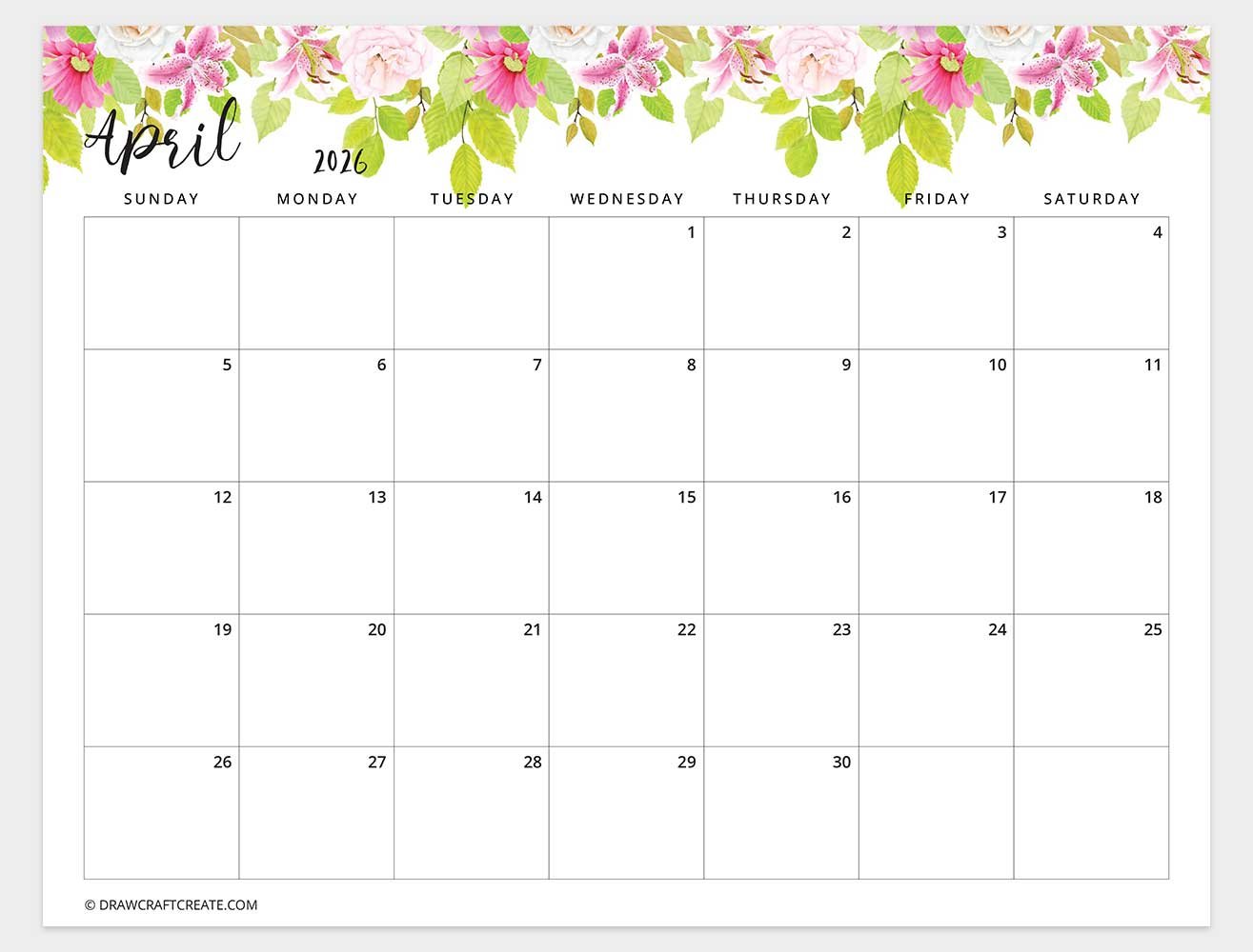 april 2026 calendar horizontal
