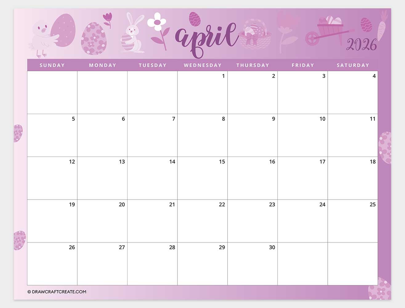 april 2026 calendar horizontal