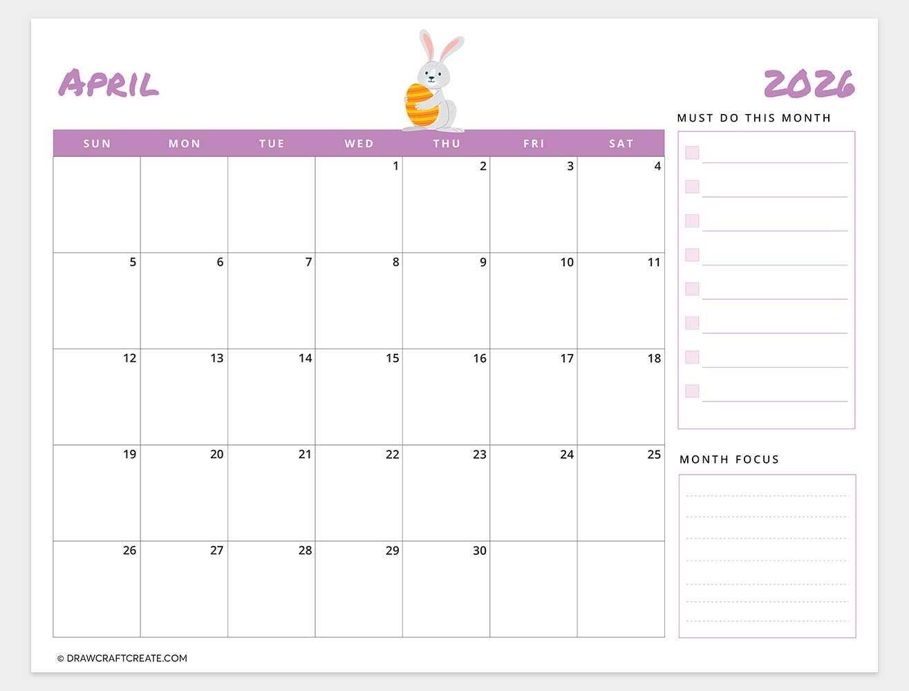 april 2026 calendar horizontal