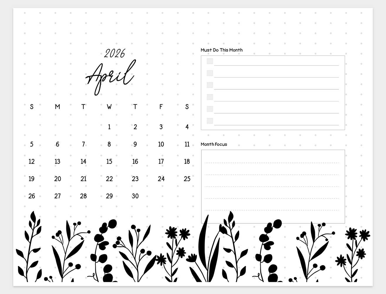 april 2026 calendar horizontal