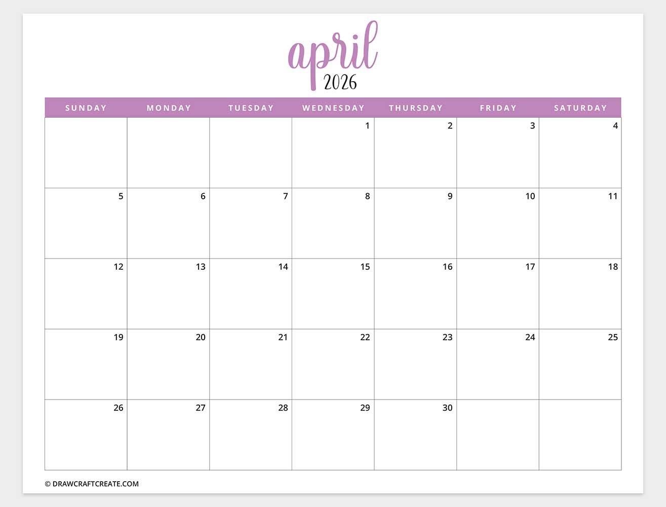 april 2026 calendar horizontal