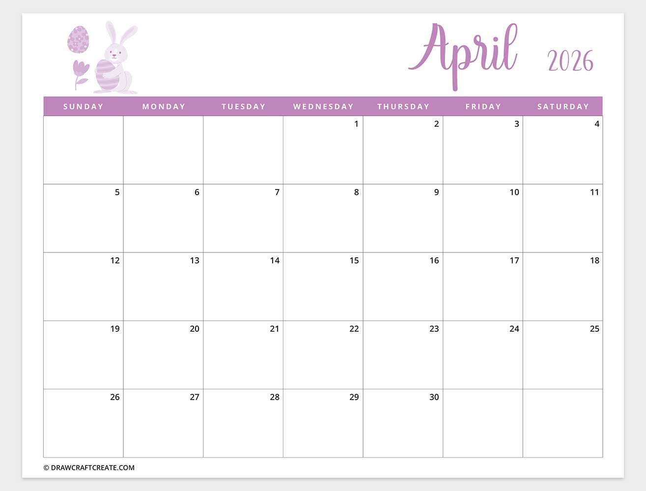 april 2026 calendar horizontal