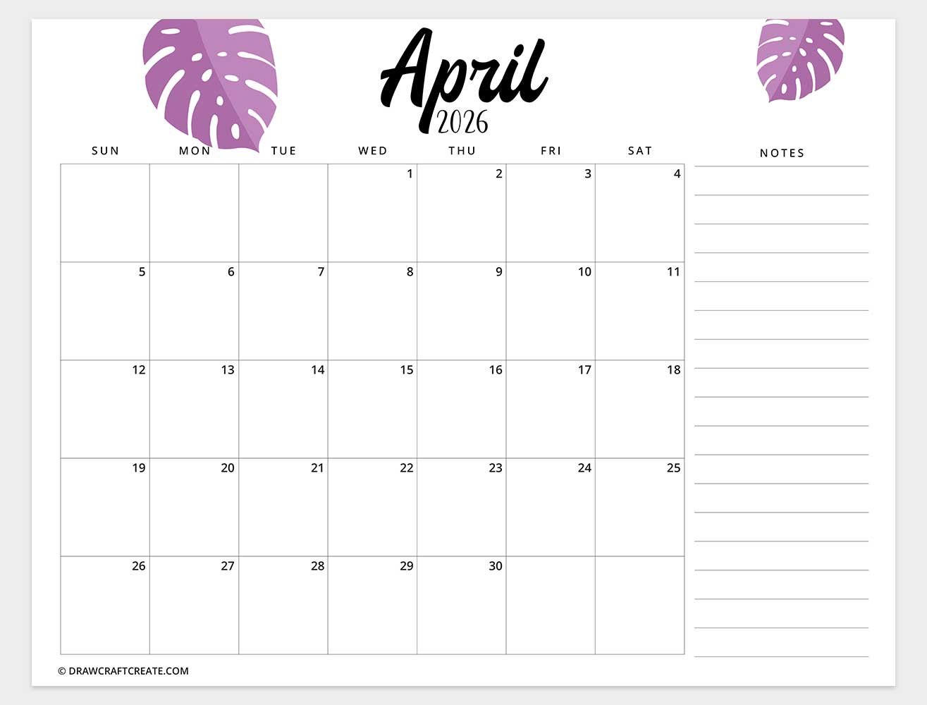 april 2026 calendar horizontal