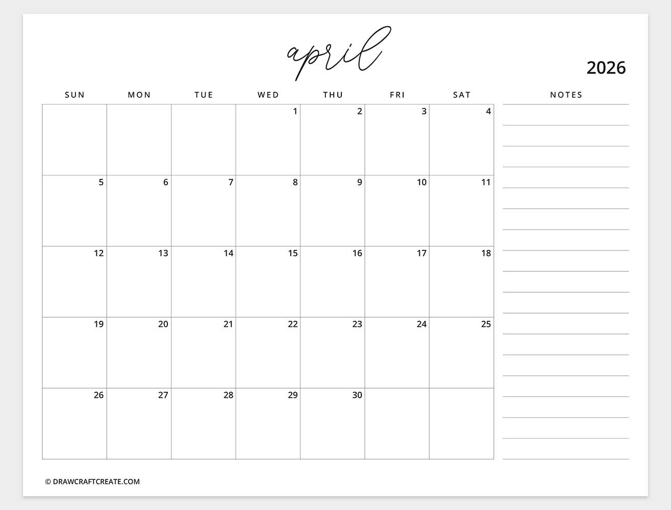 april 2026 calendar horizontal