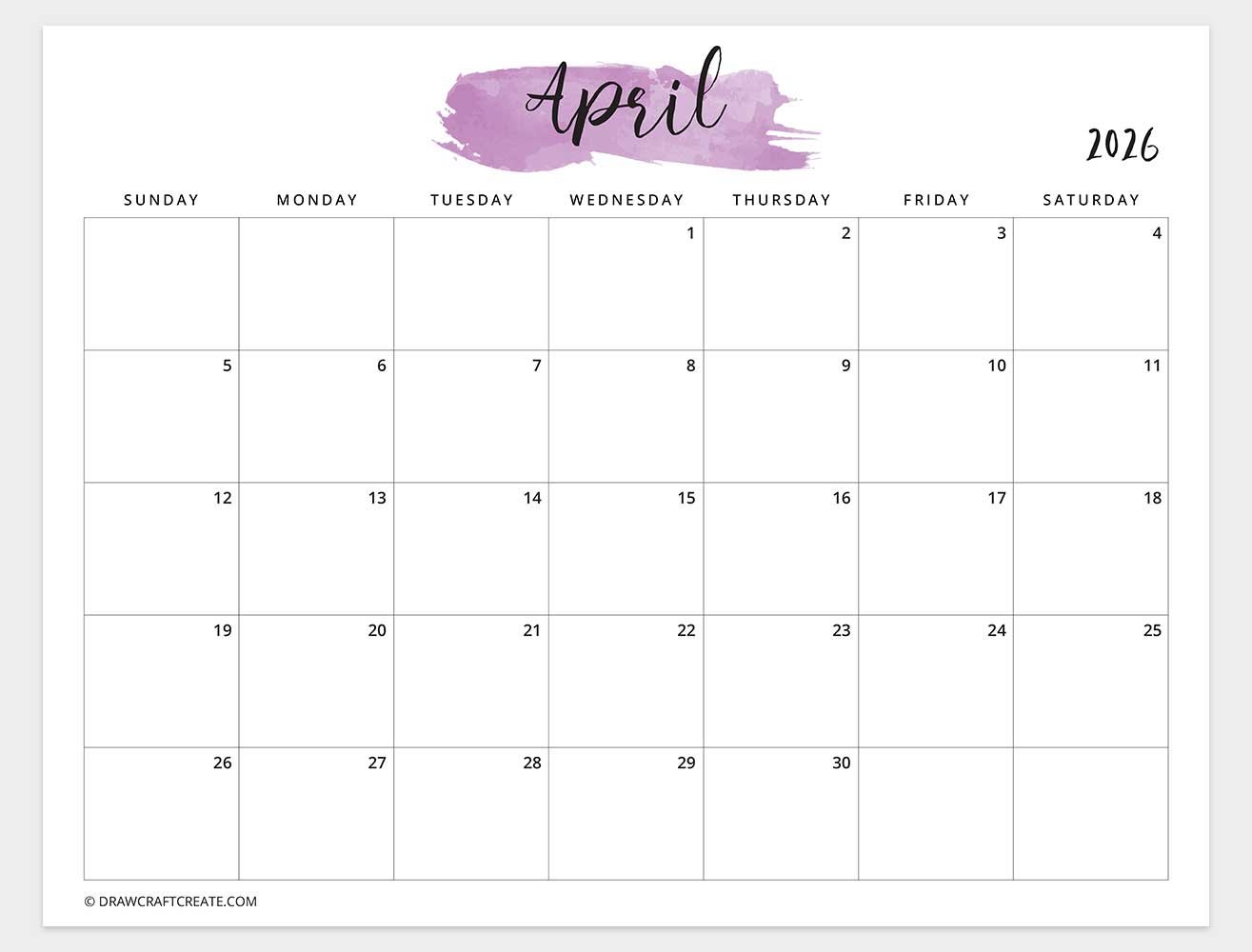 april 2026 calendar horizontal