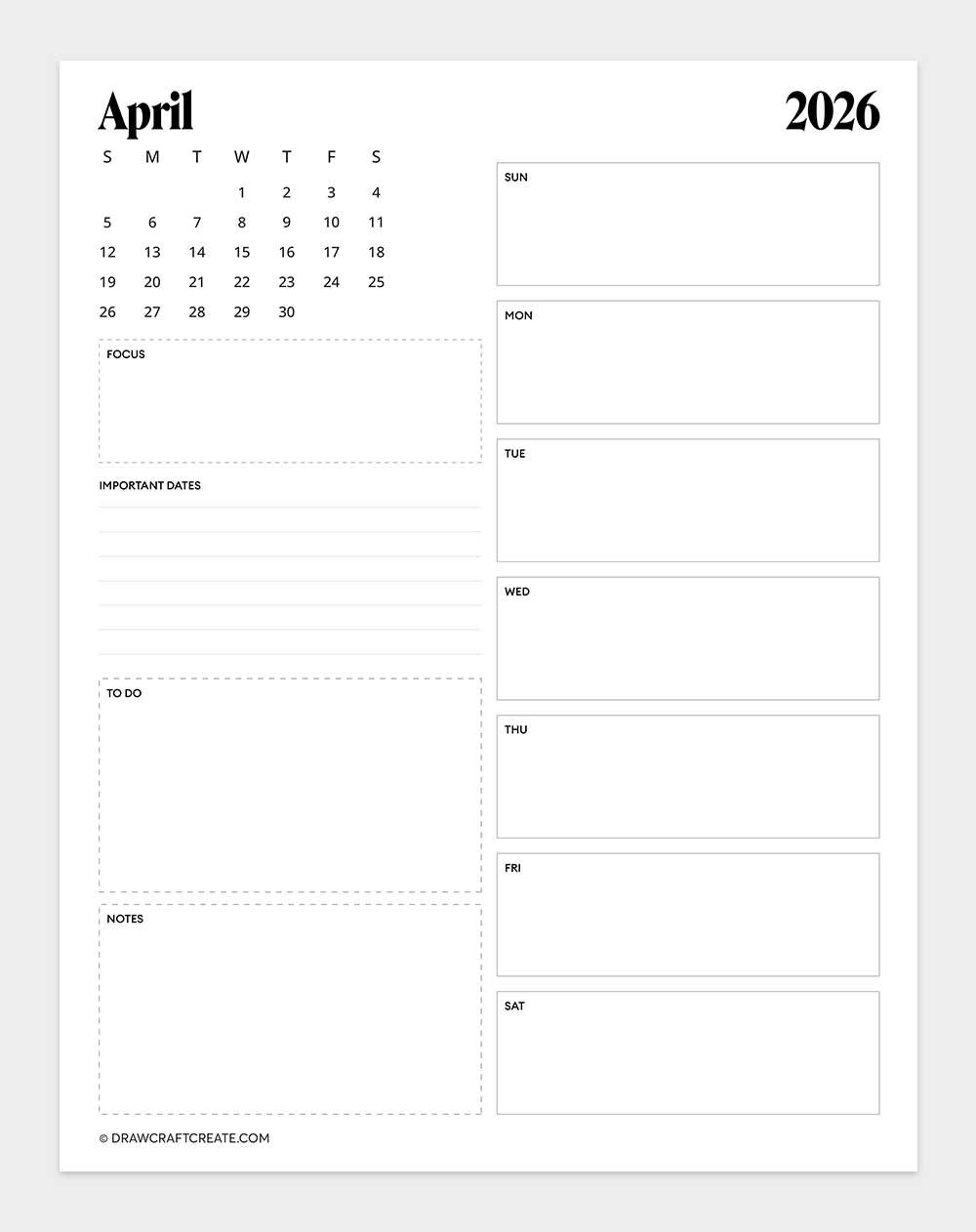 april 2026 calendar vertical