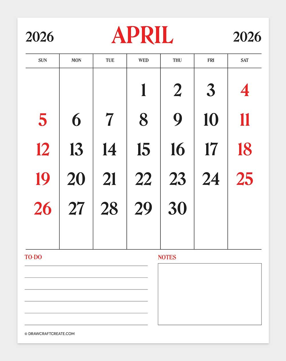 april 2026 calendar vertical