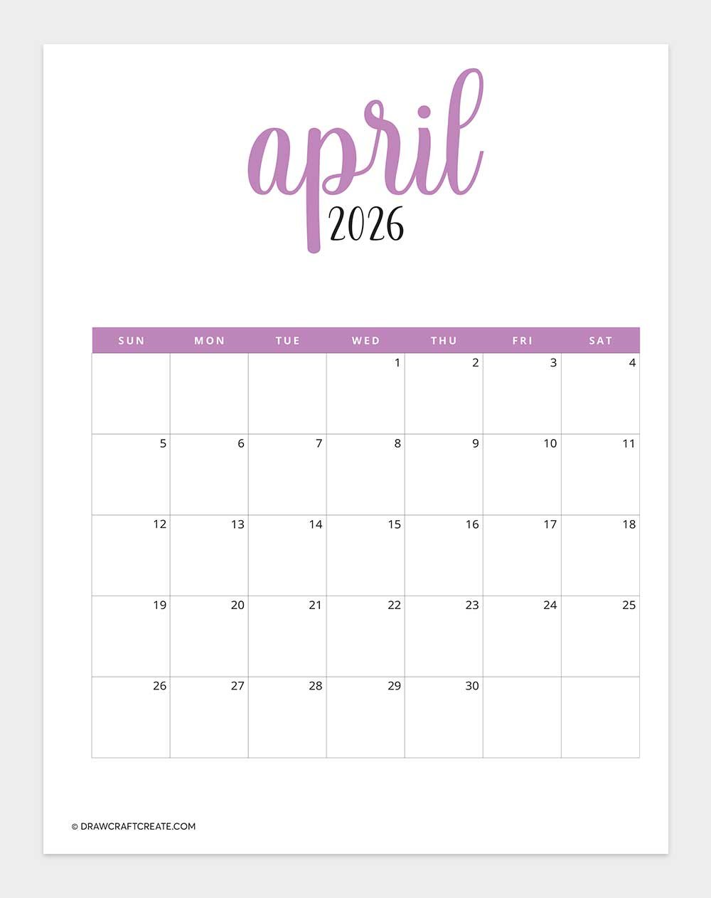 april 2026 calendar vertical